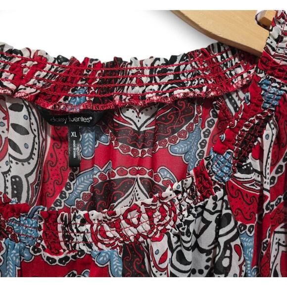 Daisy Fuentes women's multicolor medallion long sleeves off the shoulder Blouse - Picture 3 of 11